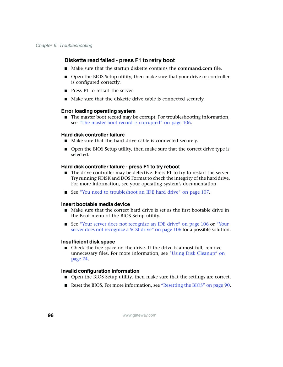 Gateway 960 manual Error loading operating system, Hard disk controller failure, Insert bootable media device 