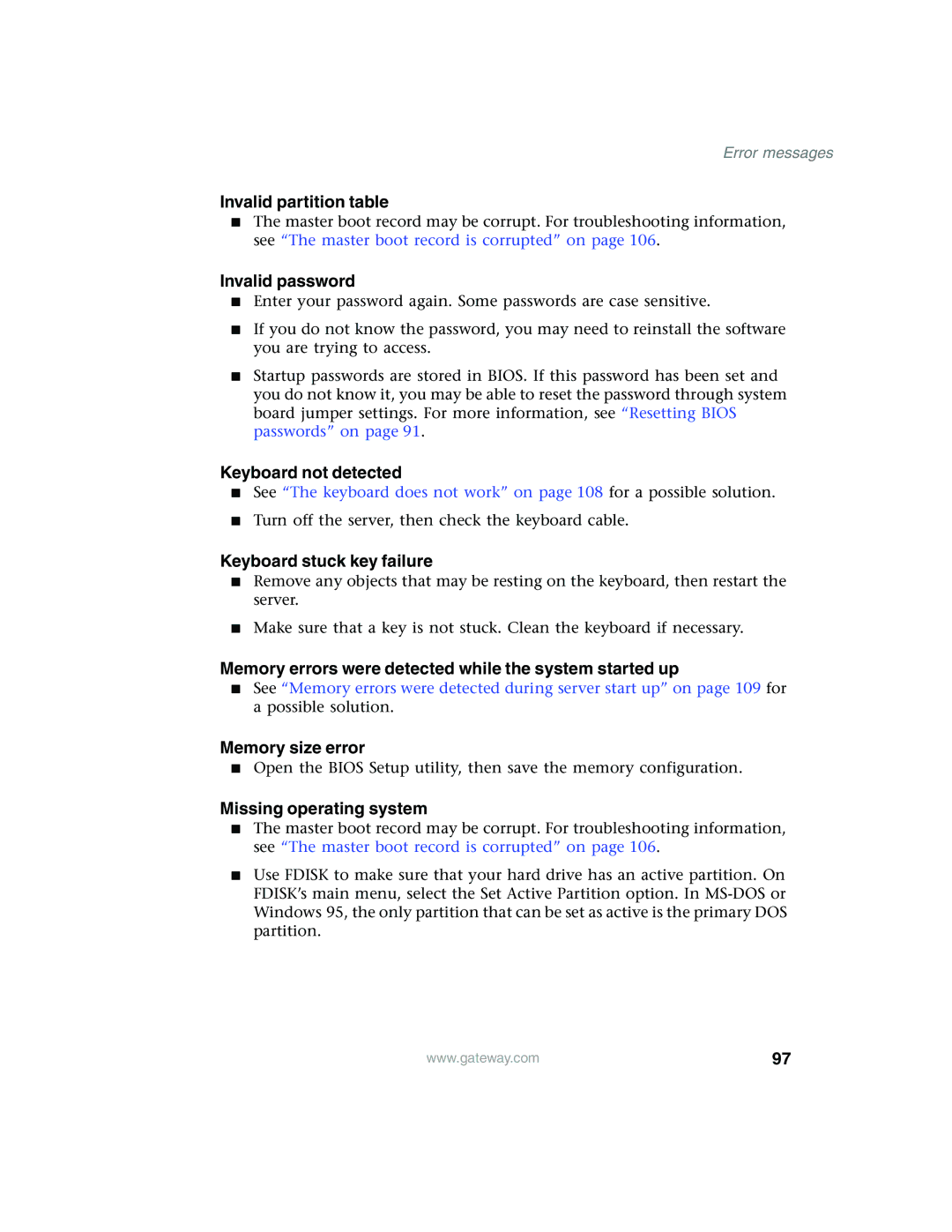 Gateway 960 manual Invalid partition table, Invalid password, Keyboard not detected, Keyboard stuck key failure 