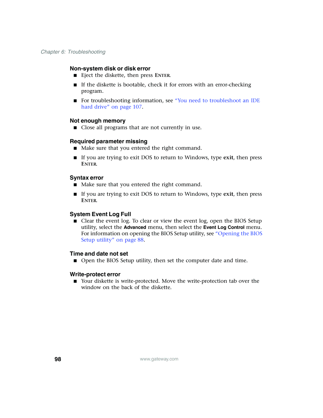 Gateway 960 manual Non-system disk or disk error, Not enough memory, Required parameter missing, Syntax error 