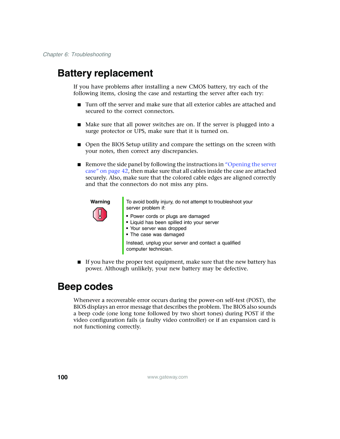 Gateway 960 manual Battery replacement, Beep codes, 100 