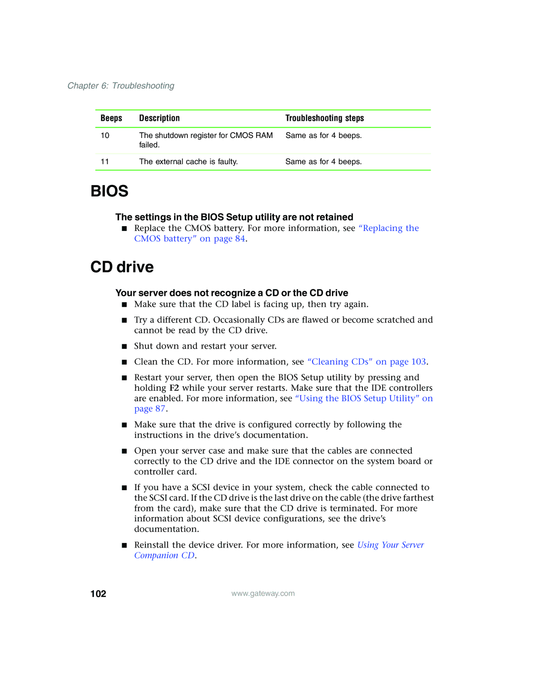 Gateway 960 manual CD drive, Settings in the Bios Setup utility are not retained, 102 