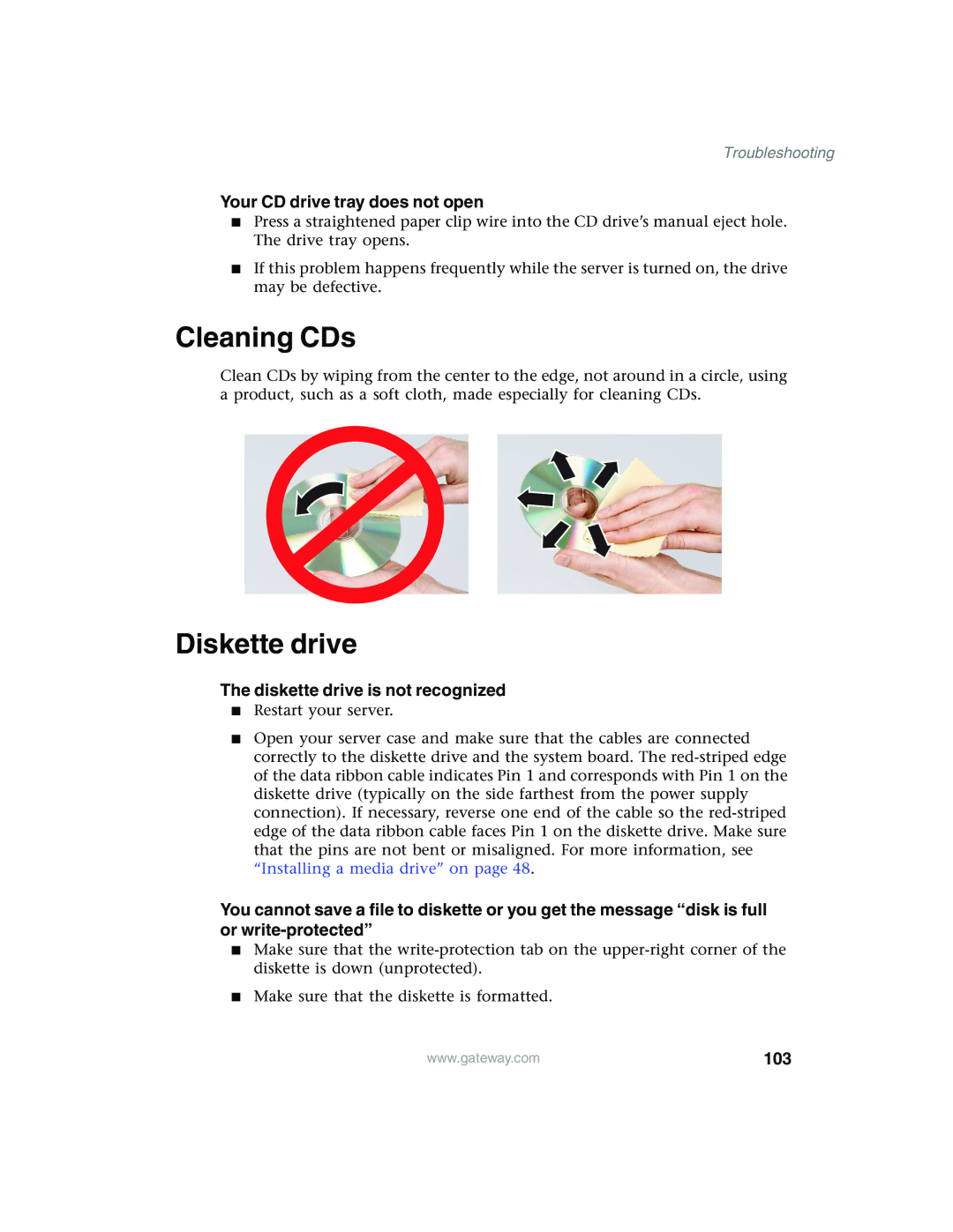 Gateway 960 manual Cleaning CDs, Your CD drive tray does not open, Diskette drive is not recognized, 103 