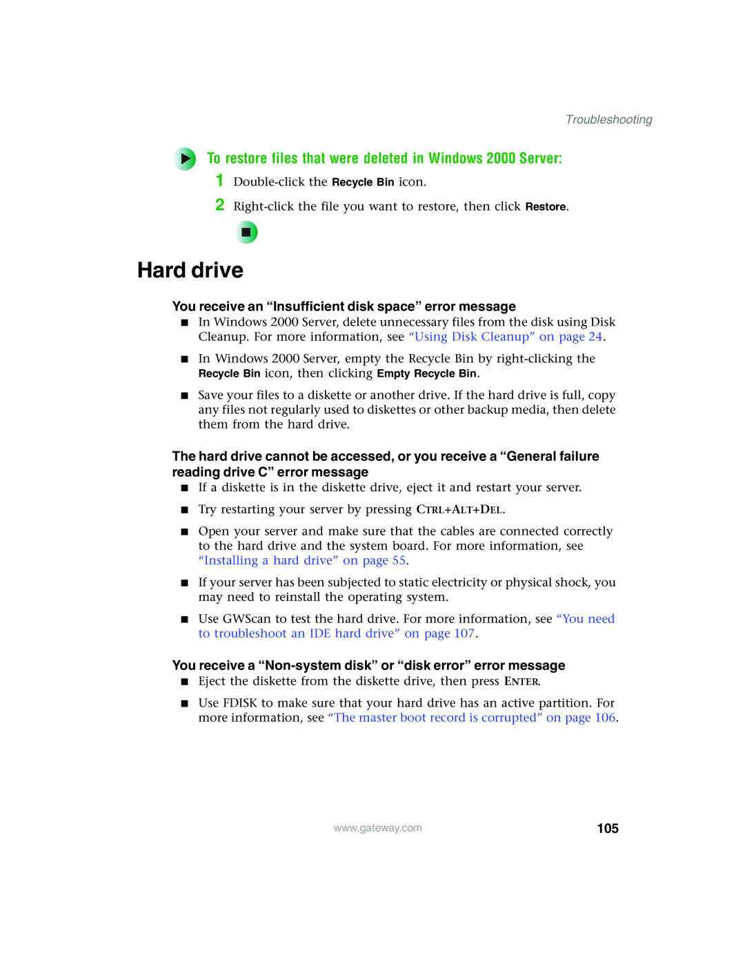 Gateway 960 manual Hard drive, To restore files that were deleted in Windows 2000 Server, 105 