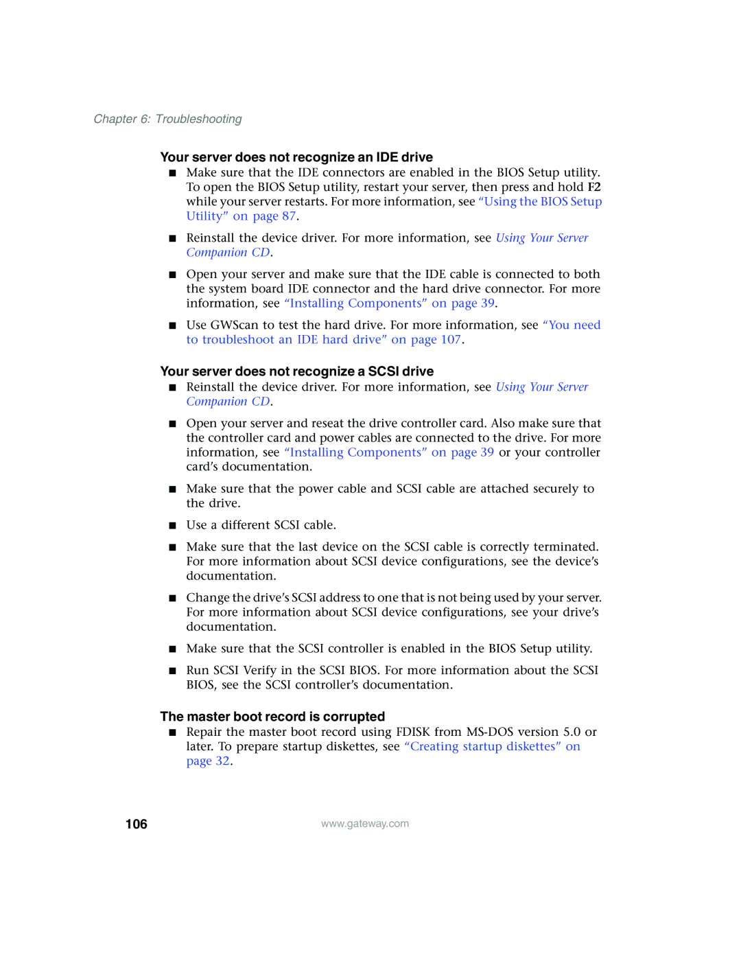 Gateway 960 manual Your server does not recognize an IDE drive, Your server does not recognize a Scsi drive, 106 