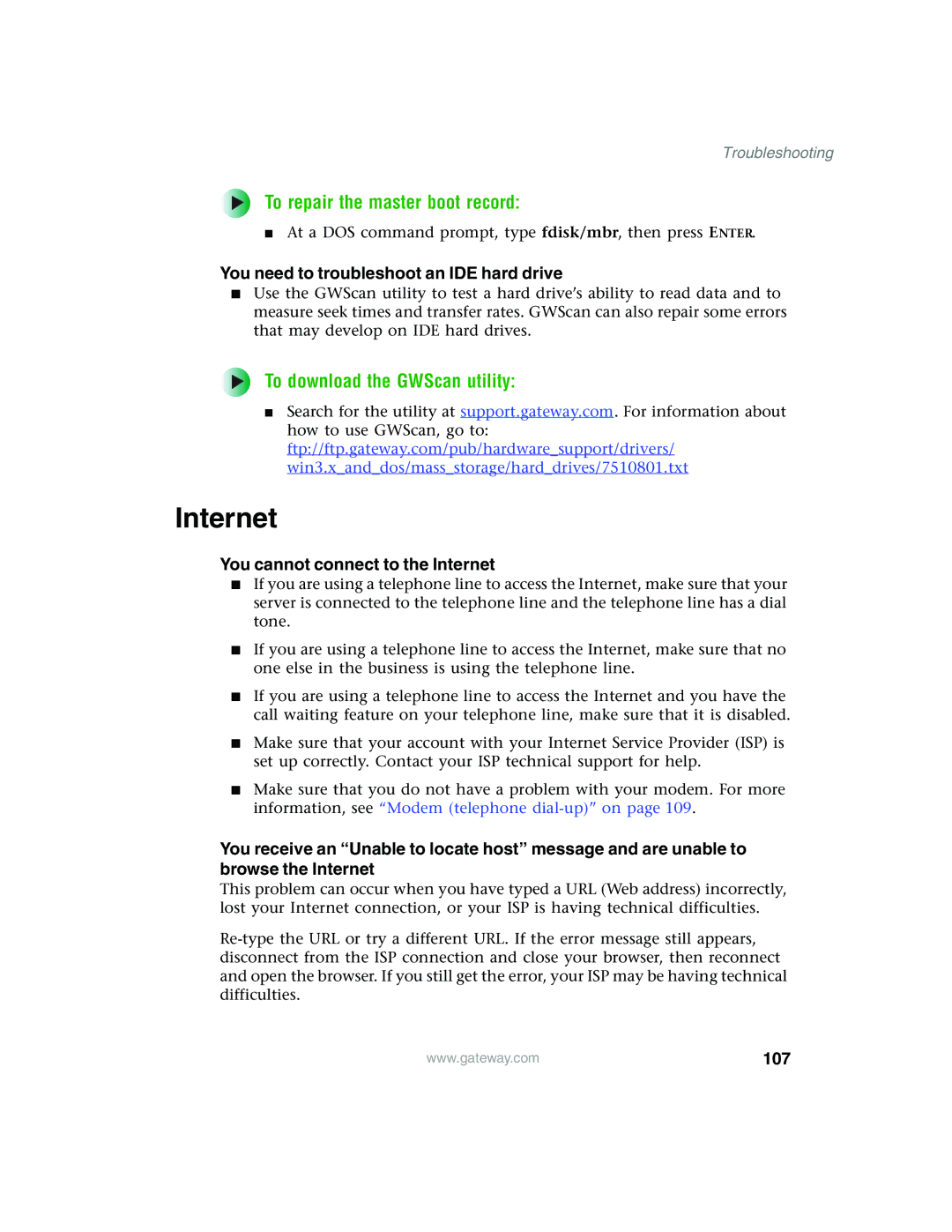 Gateway 960 manual Internet, To repair the master boot record, To download the GWScan utility, 107 