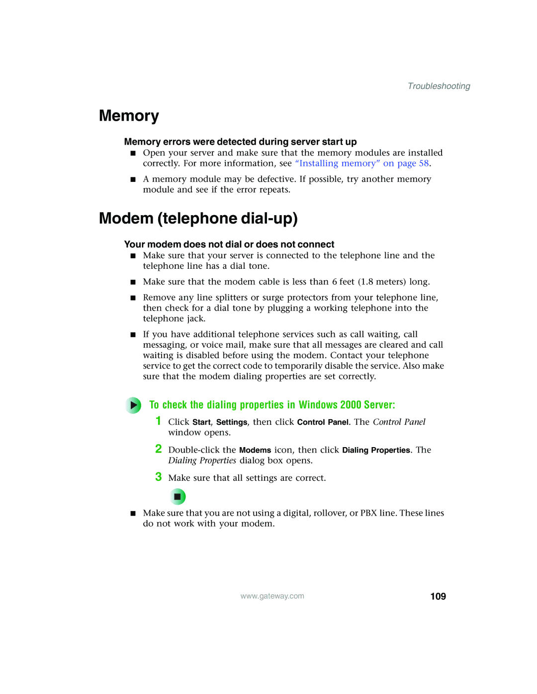 Gateway 960 manual Memory, Modem telephone dial-up, To check the dialing properties in Windows 2000 Server, 109 