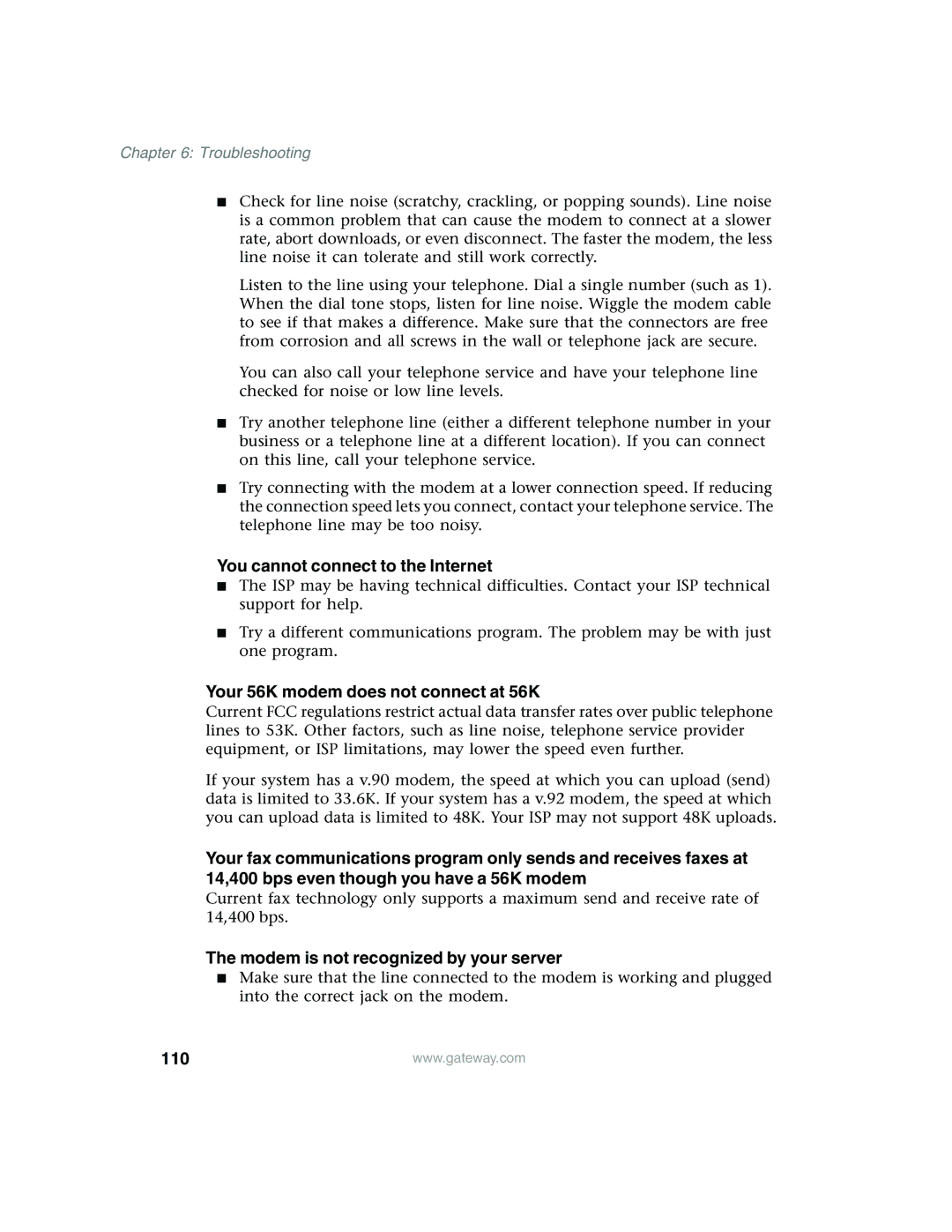 Gateway 960 manual Your 56K modem does not connect at 56K, Modem is not recognized by your server, 110 