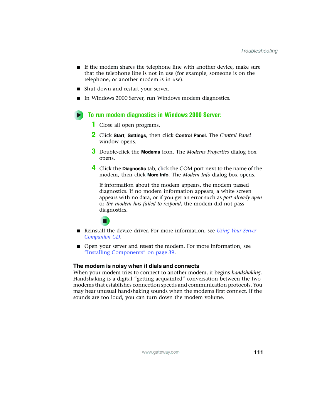 Gateway 960 manual To run modem diagnostics in Windows 2000 Server, Modem is noisy when it dials and connects, 111 