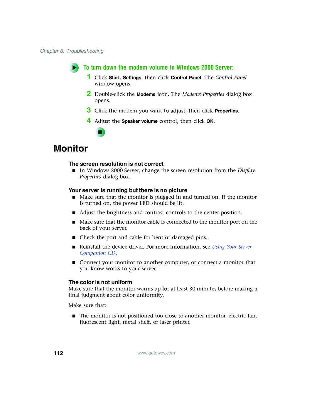 Gateway 960 manual Monitor, To turn down the modem volume in Windows 2000 Server, 112 