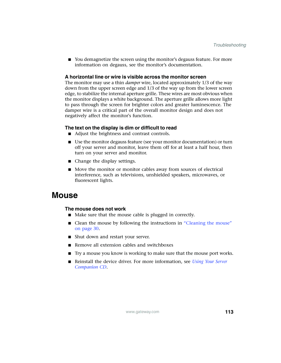Gateway 960 manual Text on the display is dim or difficult to read, Mouse does not work, 113 