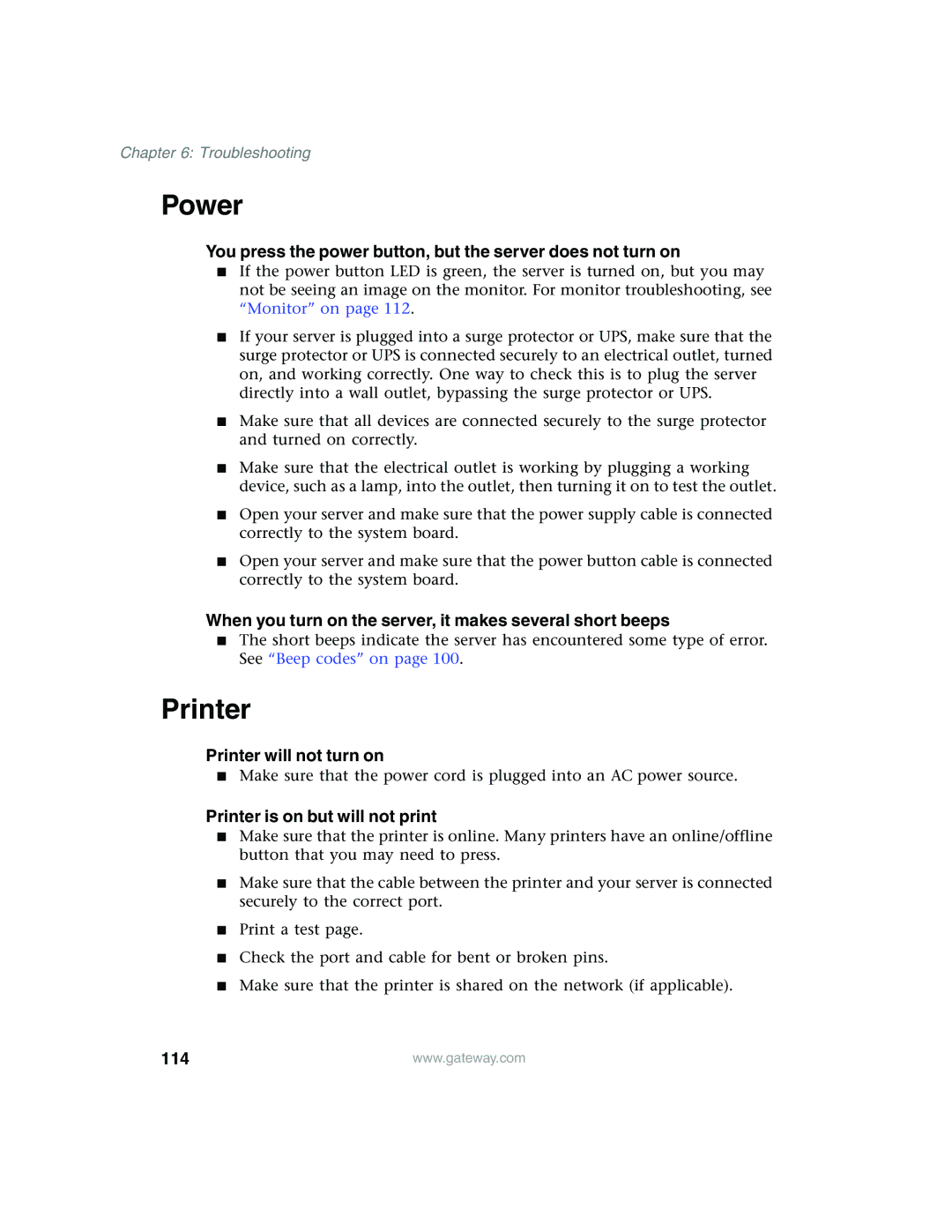 Gateway 960 manual Power, Printer, 114 