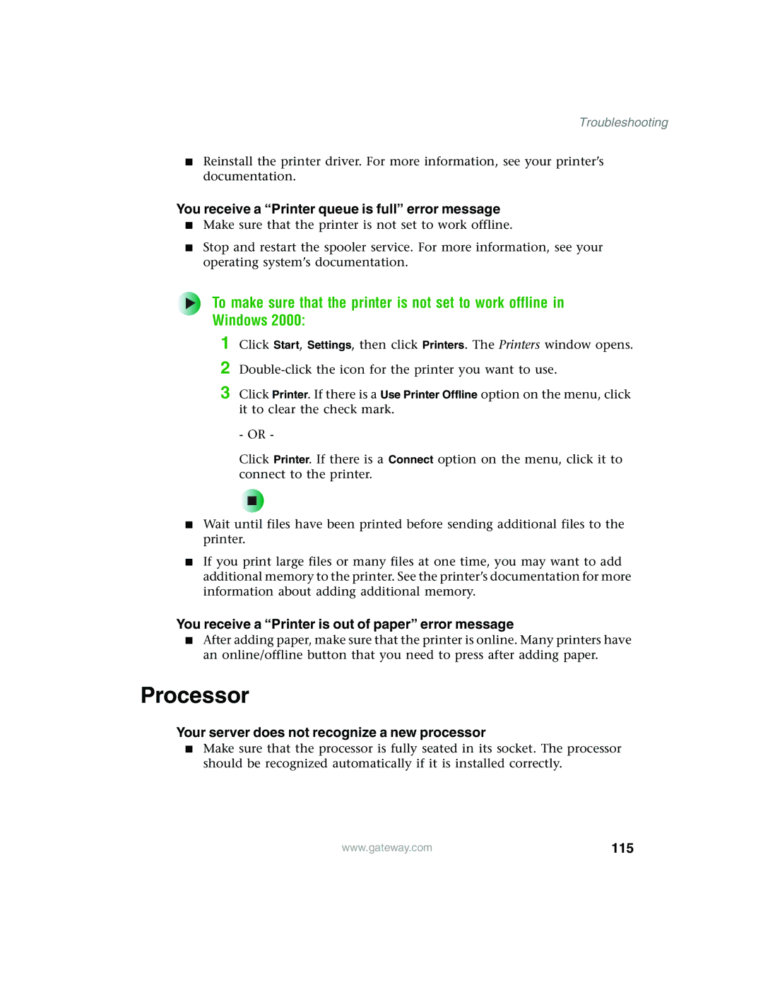 Gateway 960 Processor, You receive a Printer queue is full error message, Your server does not recognize a new processor 