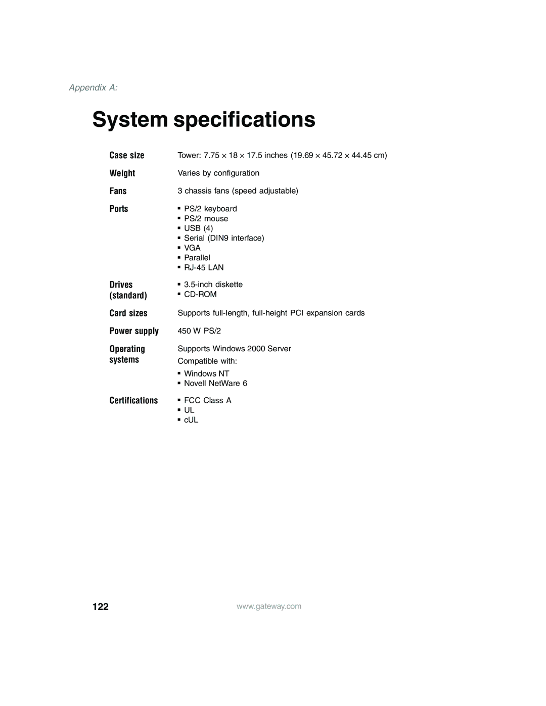 Gateway 960 manual System specifications, 122, Case size Weight Fans Ports, Card sizes Power supply, Certifications 