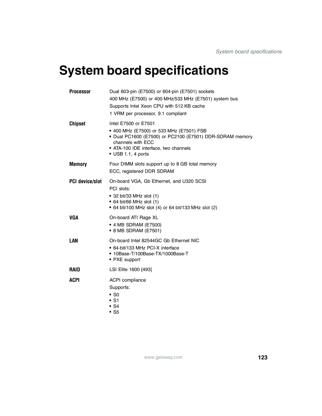 Gateway 960 manual System board specifications, 123 