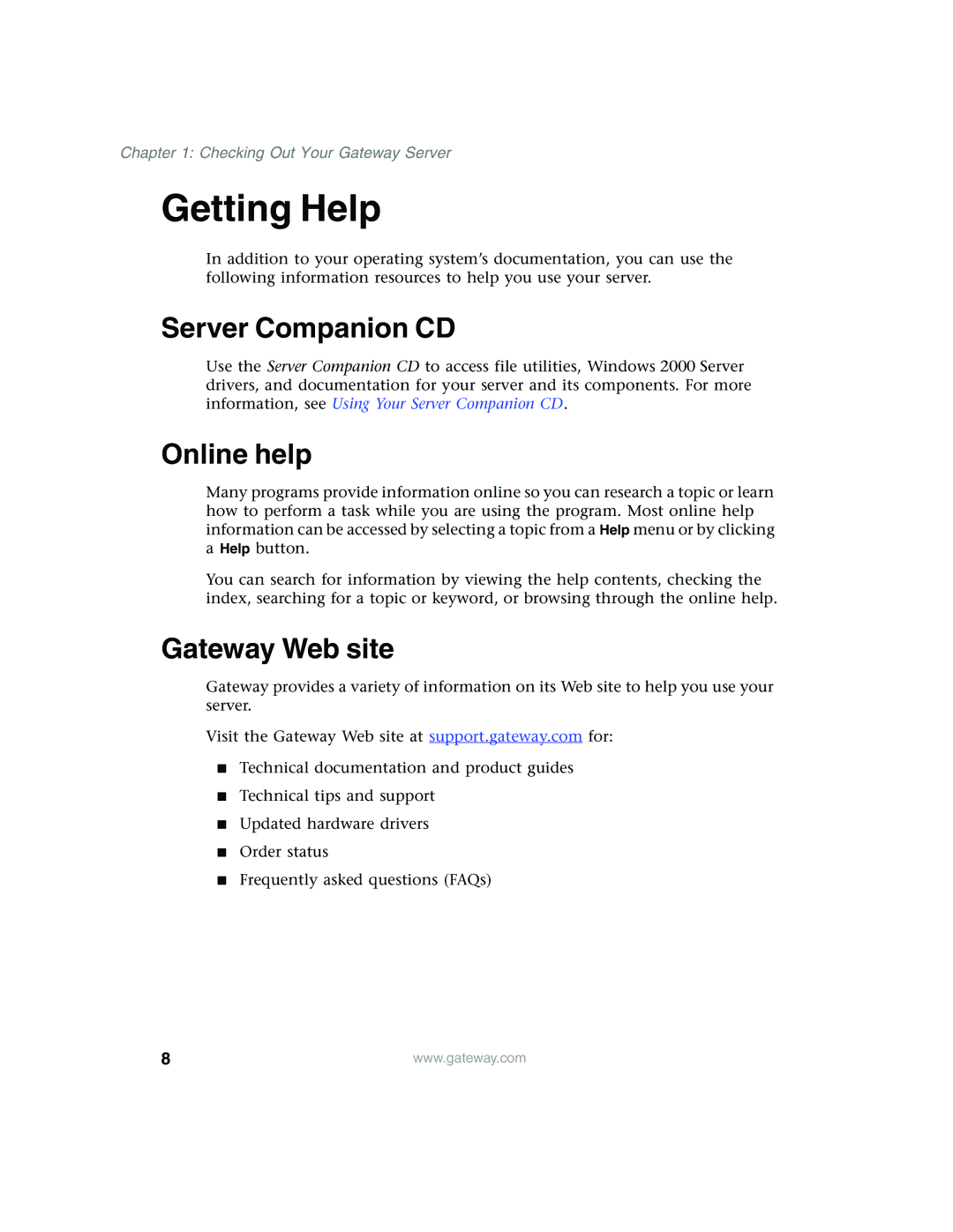 Gateway 960 manual Getting Help, Server Companion CD, Online help, Gateway Web site 