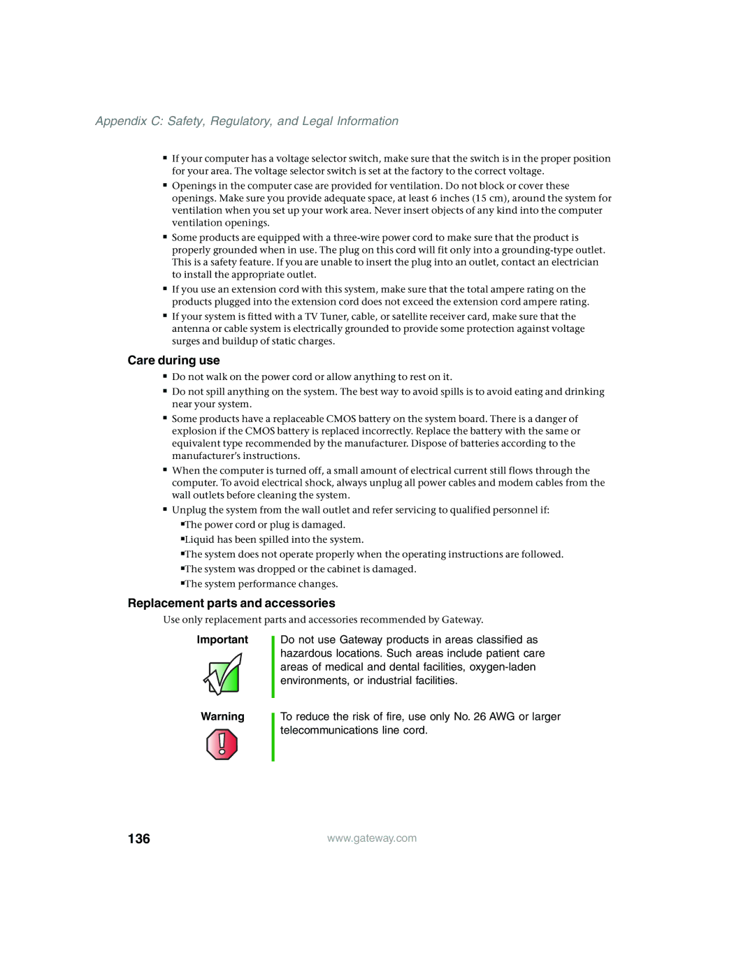 Gateway 960 manual 136, Care during use, Replacement parts and accessories 