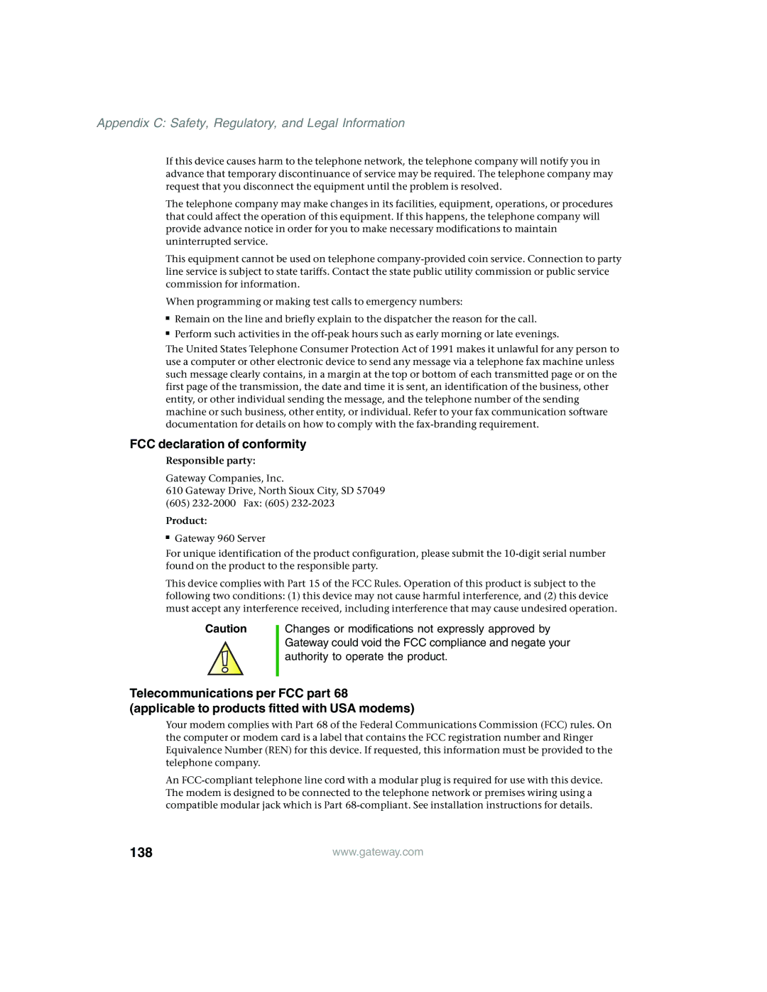 Gateway 960 manual 138, FCC declaration of conformity 