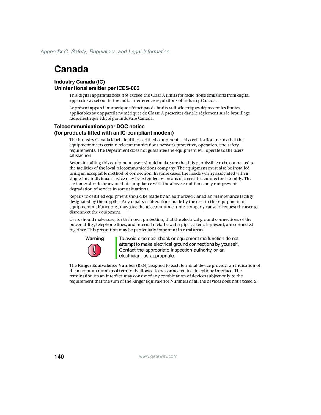 Gateway 960 manual 140, Industry Canada IC Unintentional emitter per ICES-003 