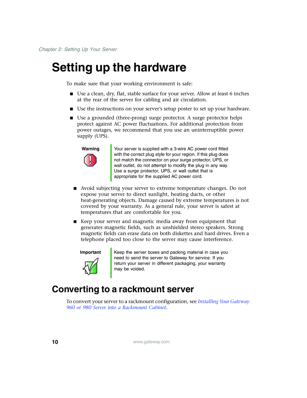 Gateway 960 manual Setting up the hardware, Converting to a rackmount server 