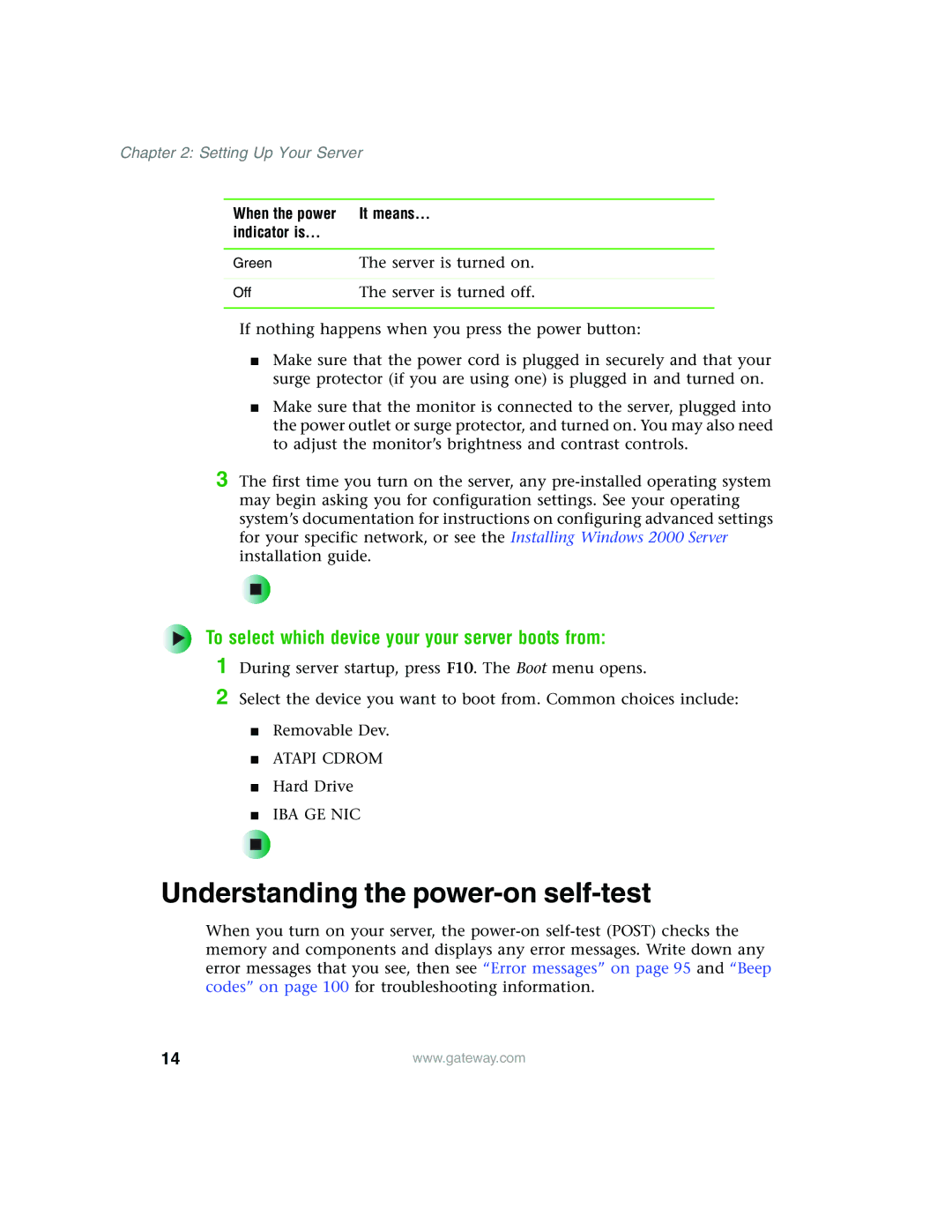 Gateway 960 manual Understanding the power-on self-test, To select which device your your server boots from 