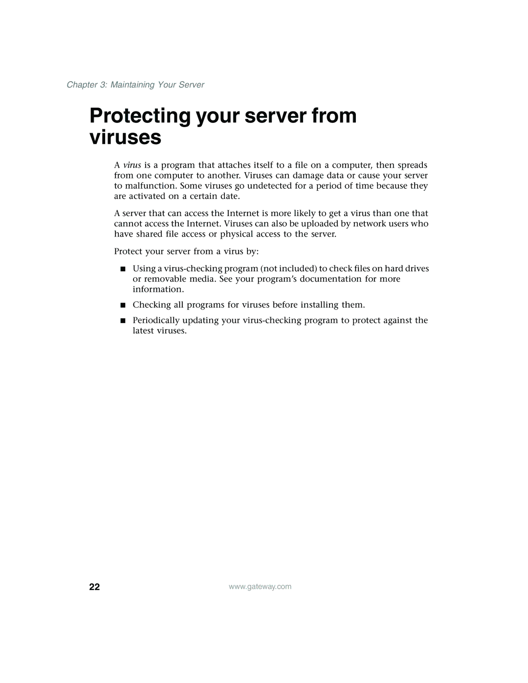 Gateway 960 manual Protecting your server from viruses 