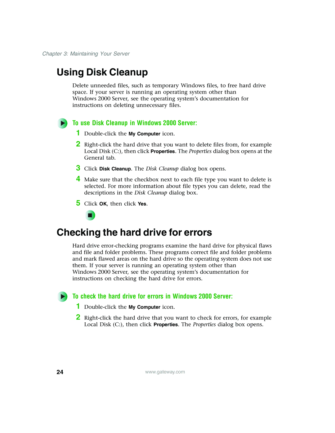 Gateway 960 manual Using Disk Cleanup, Checking the hard drive for errors, To use Disk Cleanup in Windows 2000 Server 