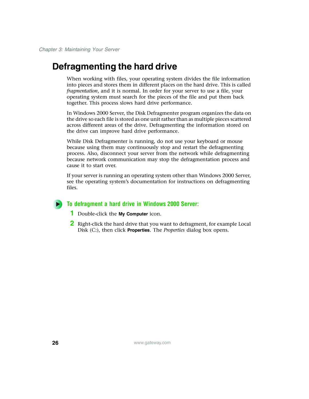 Gateway 960 manual Defragmenting the hard drive, To defragment a hard drive in Windows 2000 Server 