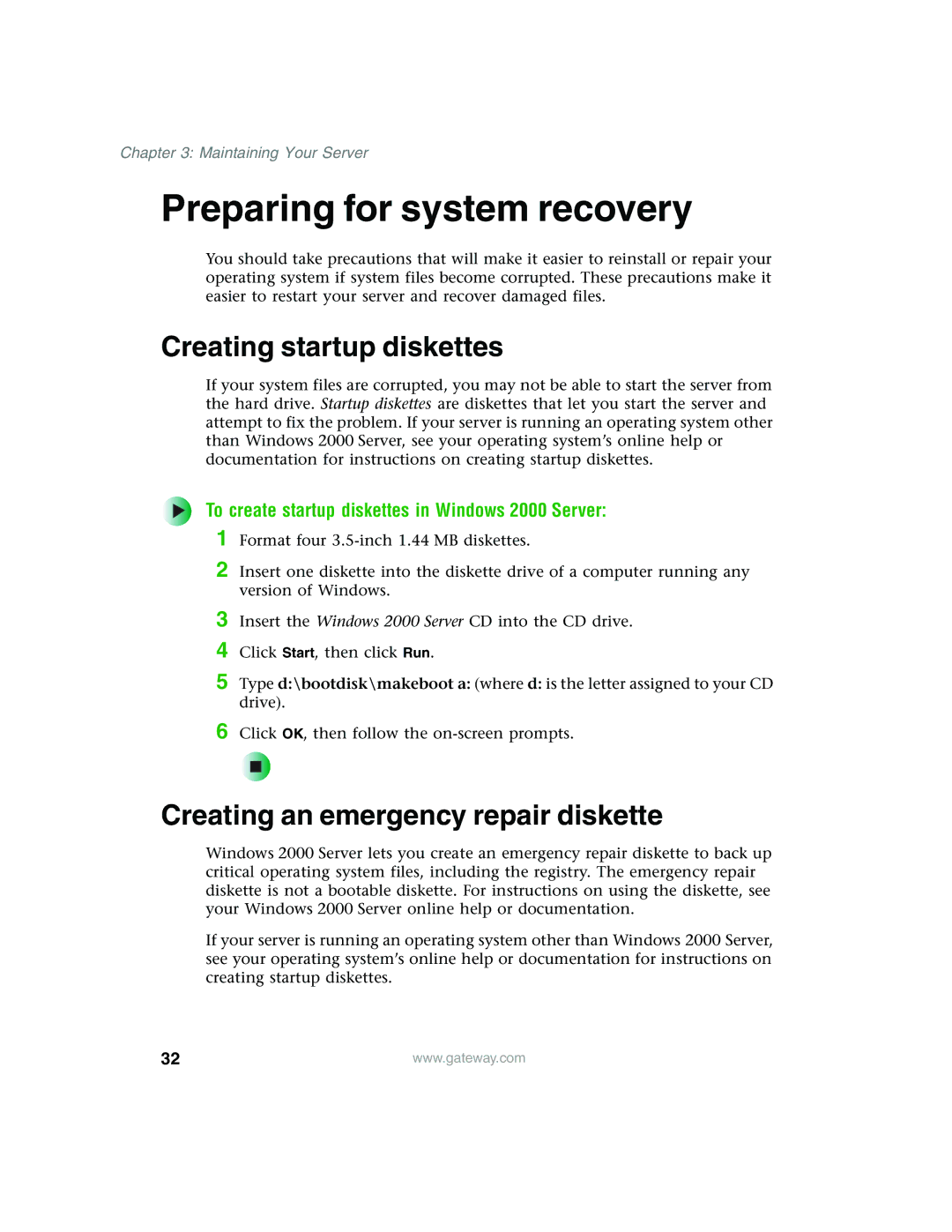 Gateway 960 manual Preparing for system recovery, Creating startup diskettes, Creating an emergency repair diskette 