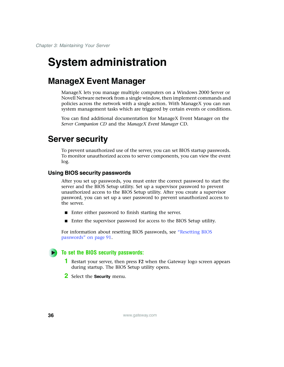 Gateway 960 manual System administration, ManageX Event Manager, Server security, To set the Bios security passwords 