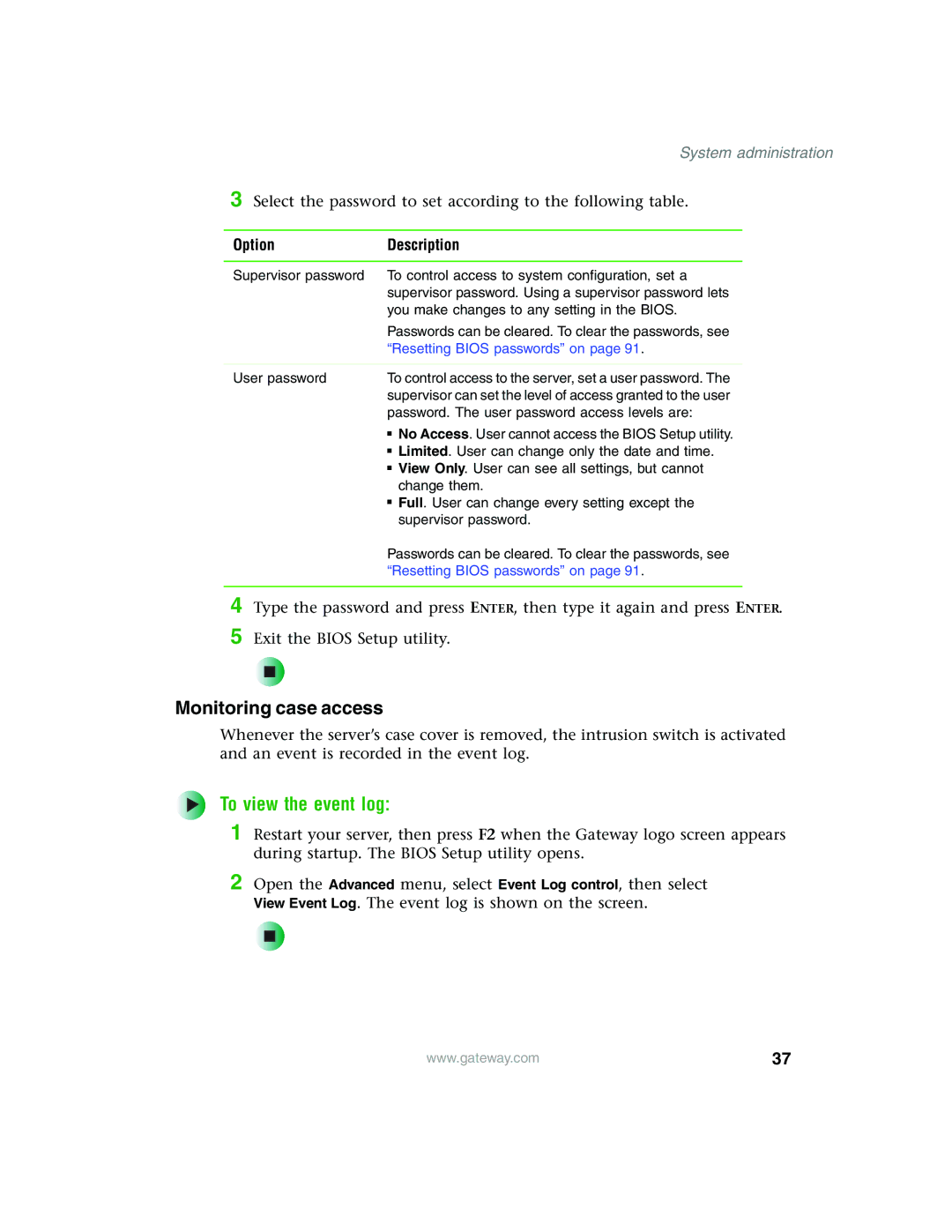 Gateway 960 manual To view the event log, Option Description 