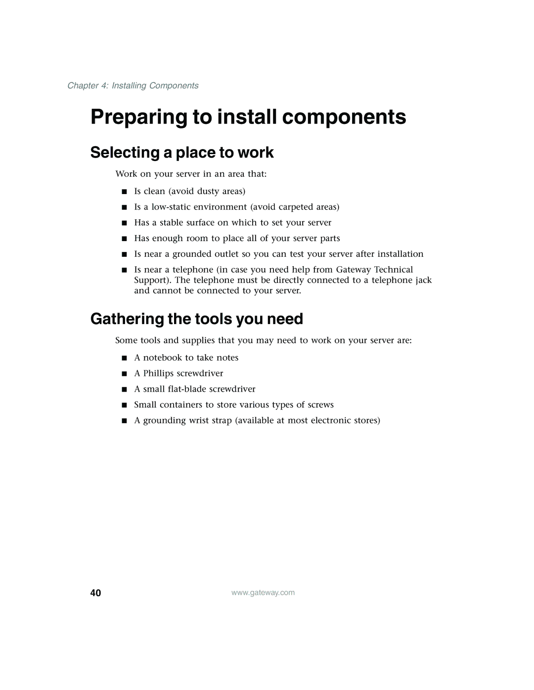 Gateway 960 manual Preparing to install components, Selecting a place to work, Gathering the tools you need 