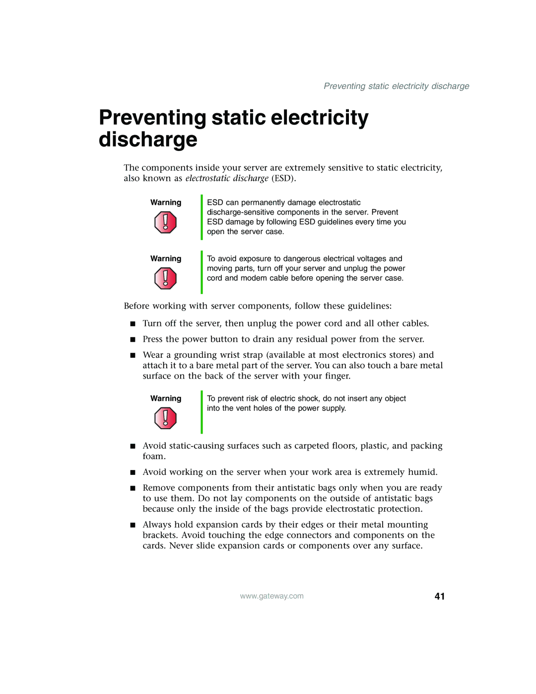 Gateway 960 manual Preventing static electricity discharge 