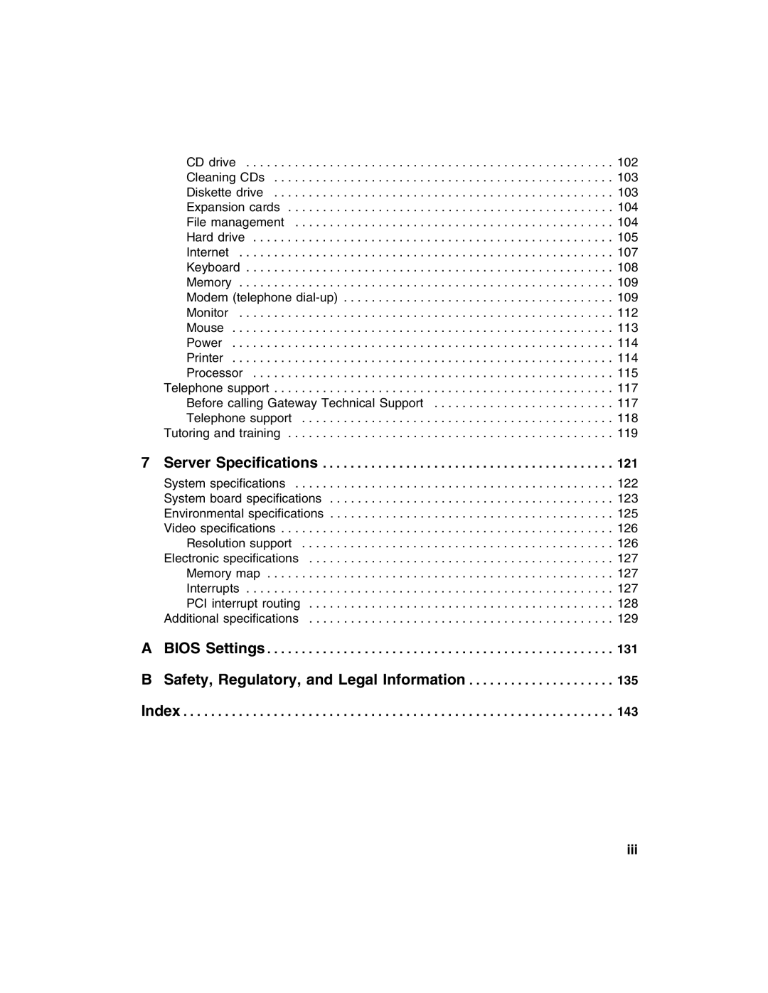 Gateway 960 manual Iii, 121, 131, 135, 143 