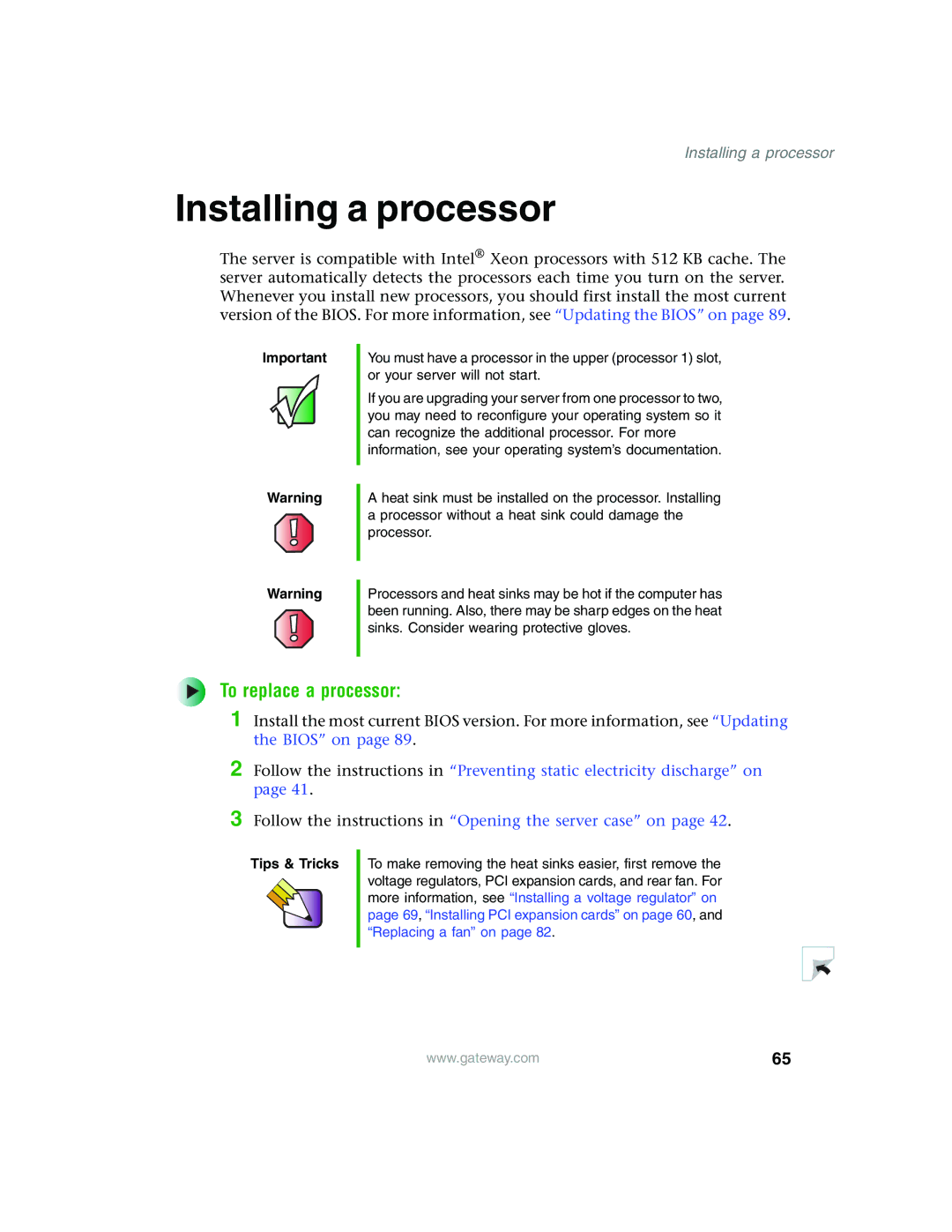 Gateway 960 manual Installing a processor, To replace a processor 