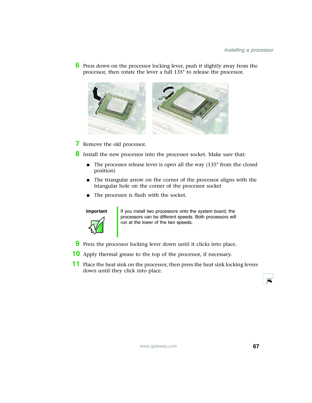 Gateway 960 manual Installing a processor 