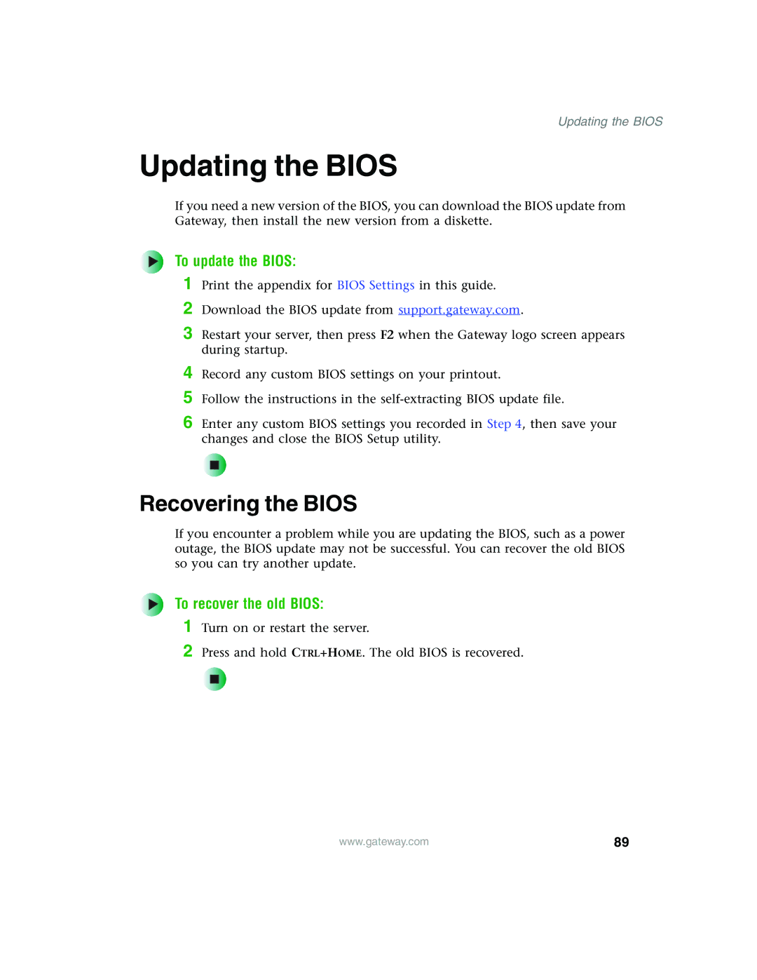 Gateway 960 manual Updating the Bios, Recovering the Bios, To update the Bios, To recover the old Bios 