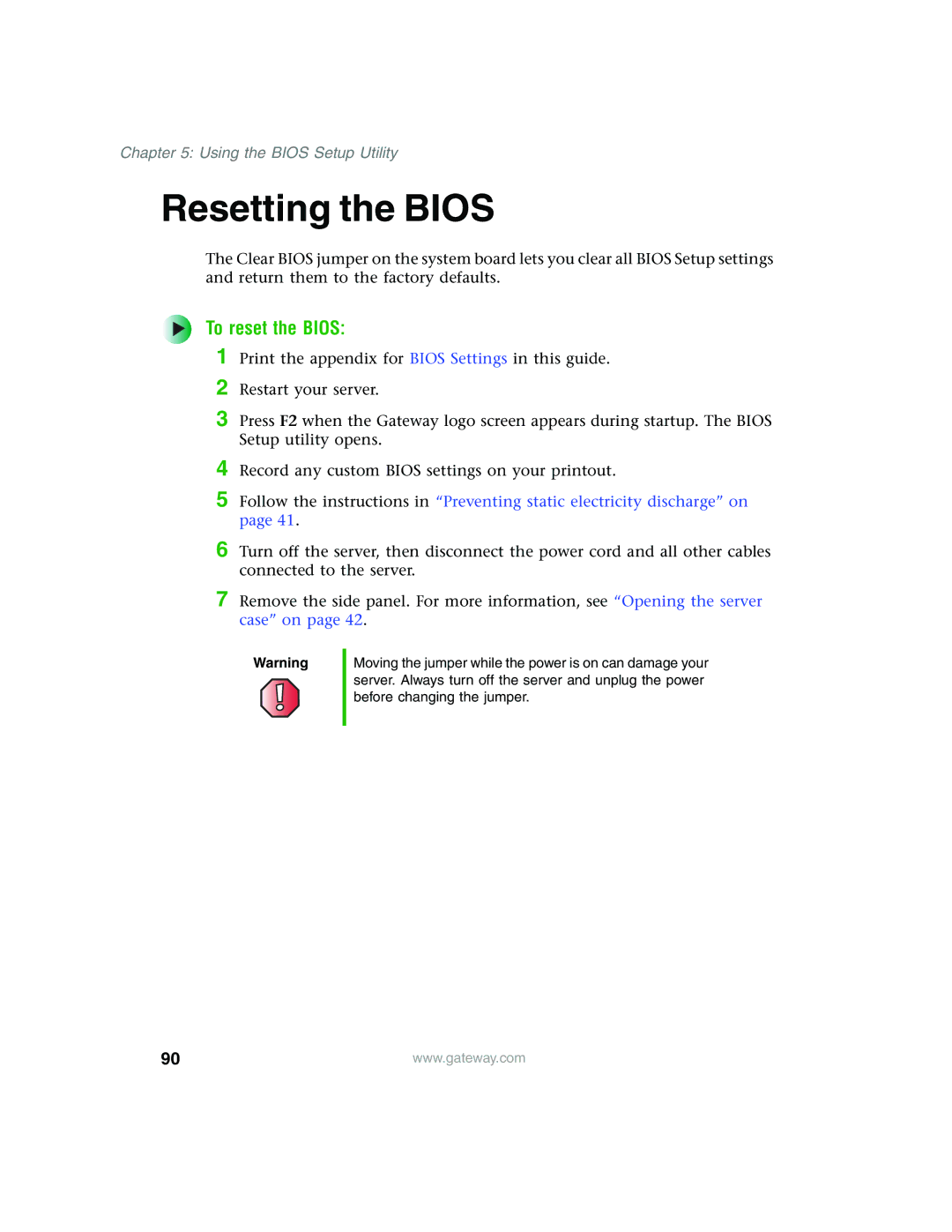 Gateway 960 manual Resetting the Bios, To reset the Bios 