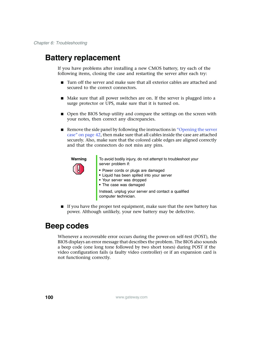 Gateway 960 manual Battery replacement, Beep codes, Troubleshooting 
