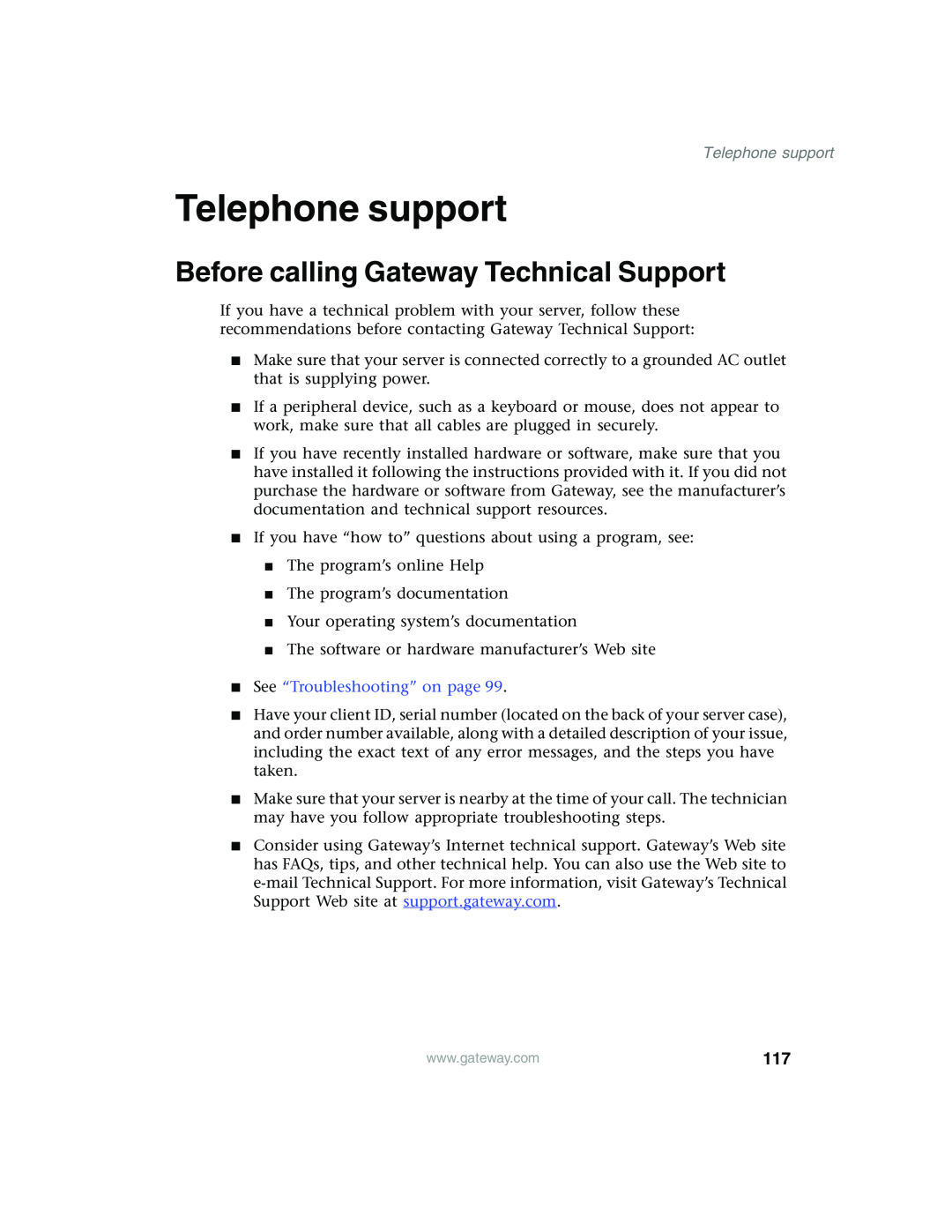Gateway 960 manual Telephone support, Before calling Gateway Technical Support, See “Troubleshooting” on page 