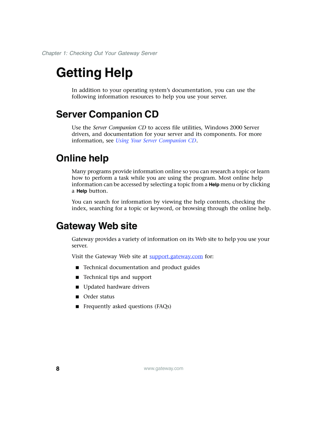 Gateway 960 manual Getting Help, Server Companion CD, Online help, Gateway Web site, Checking Out Your Gateway Server 