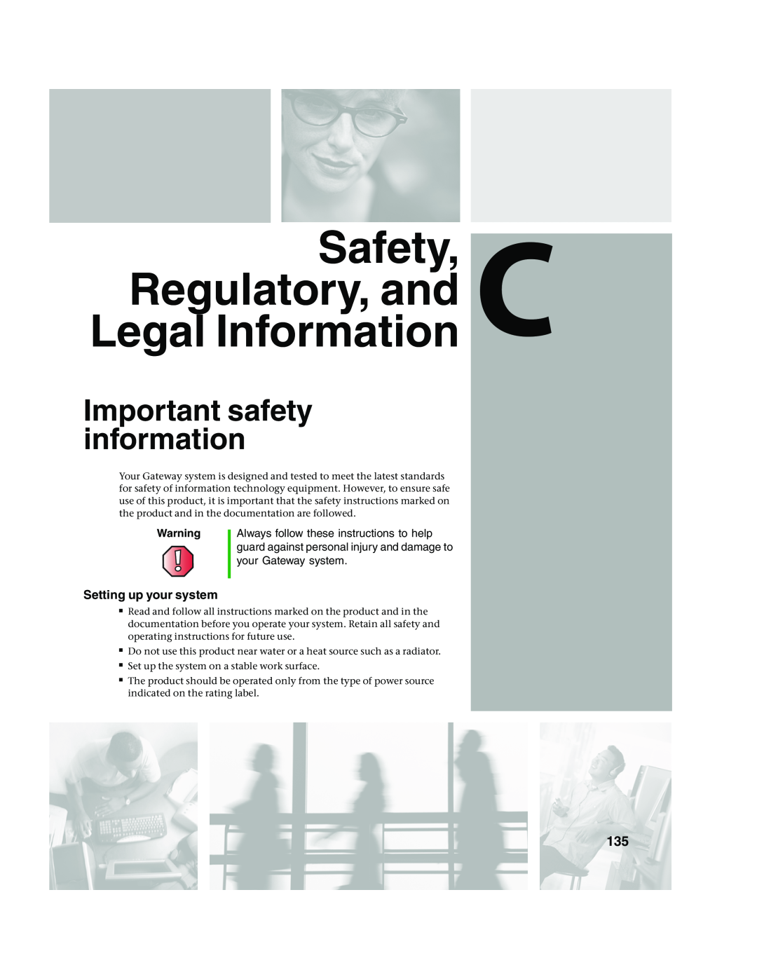 Gateway 960 manual Safety Regulatory, and C Legal Information, Important safety information, Setting up your system 