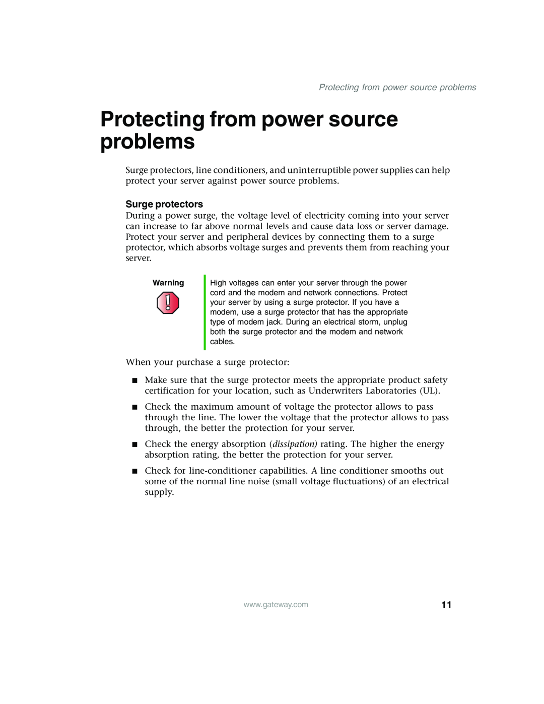 Gateway 960 manual Protecting from power source problems, Surge protectors 