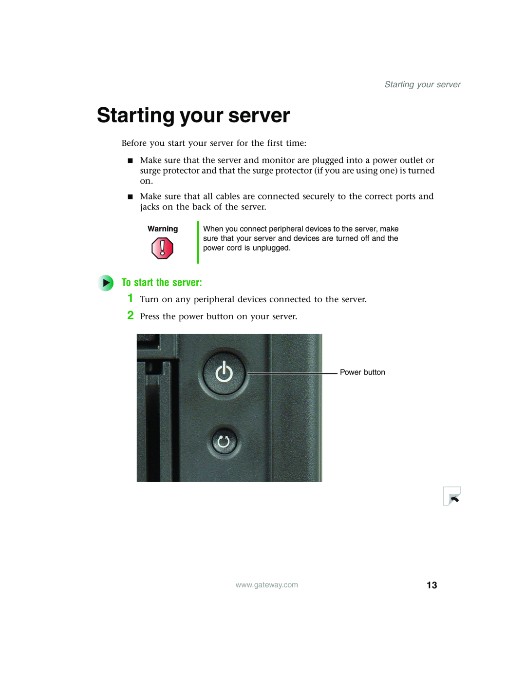 Gateway 960 manual Starting your server, To start the server 