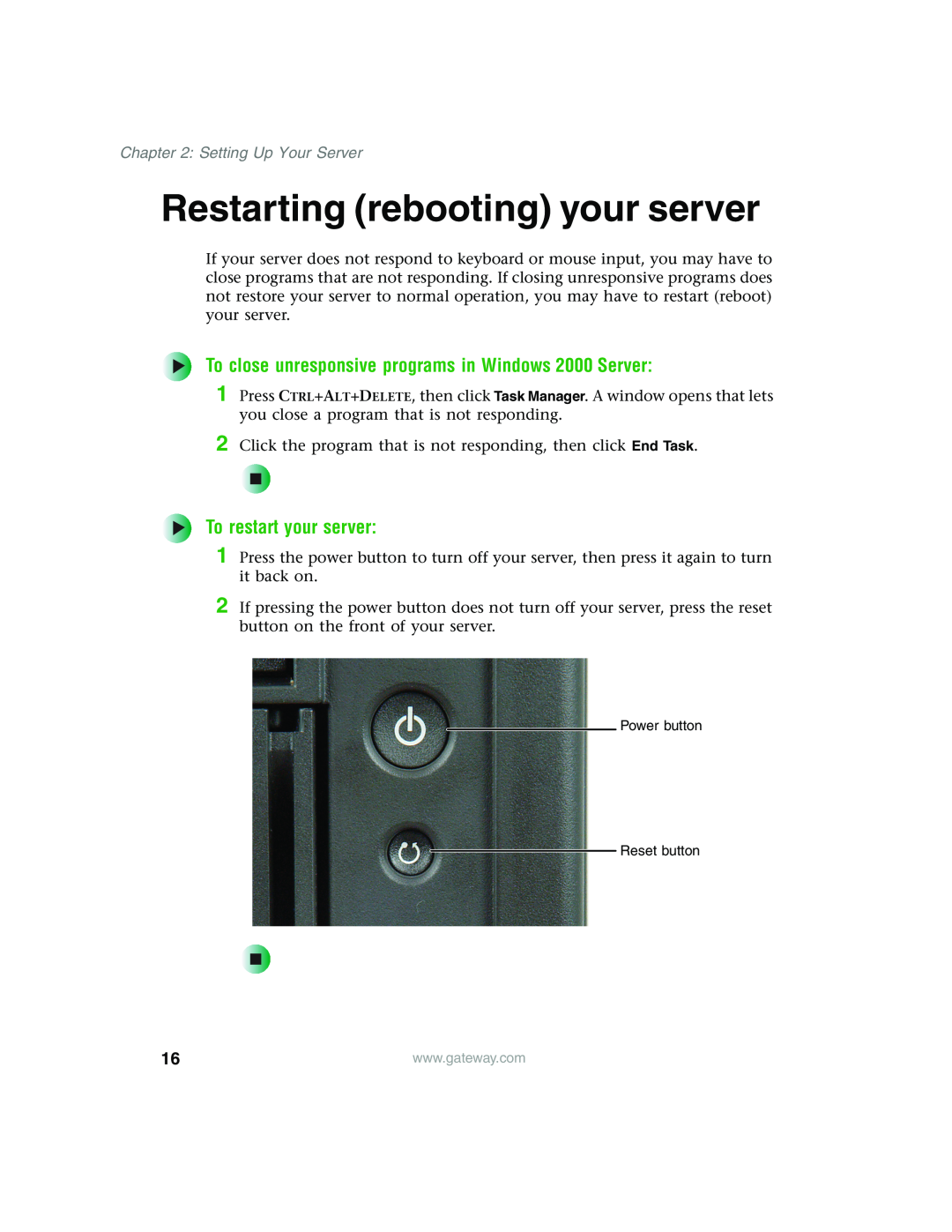 Gateway 960 manual Restarting rebooting your server, To close unresponsive programs in Windows 2000 Server 