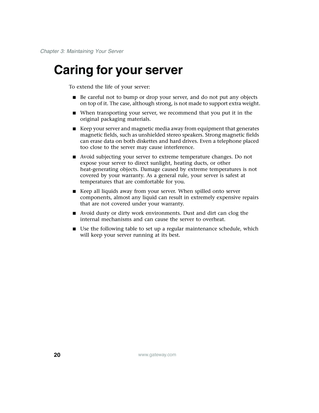 Gateway 960 manual Caring for your server, Maintaining Your Server 