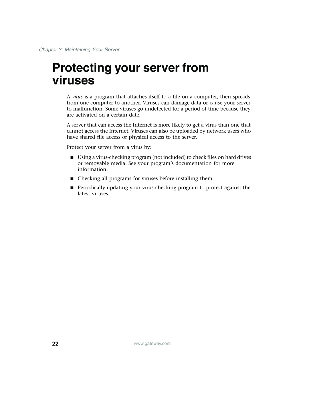 Gateway 960 manual Protecting your server from viruses, Maintaining Your Server 