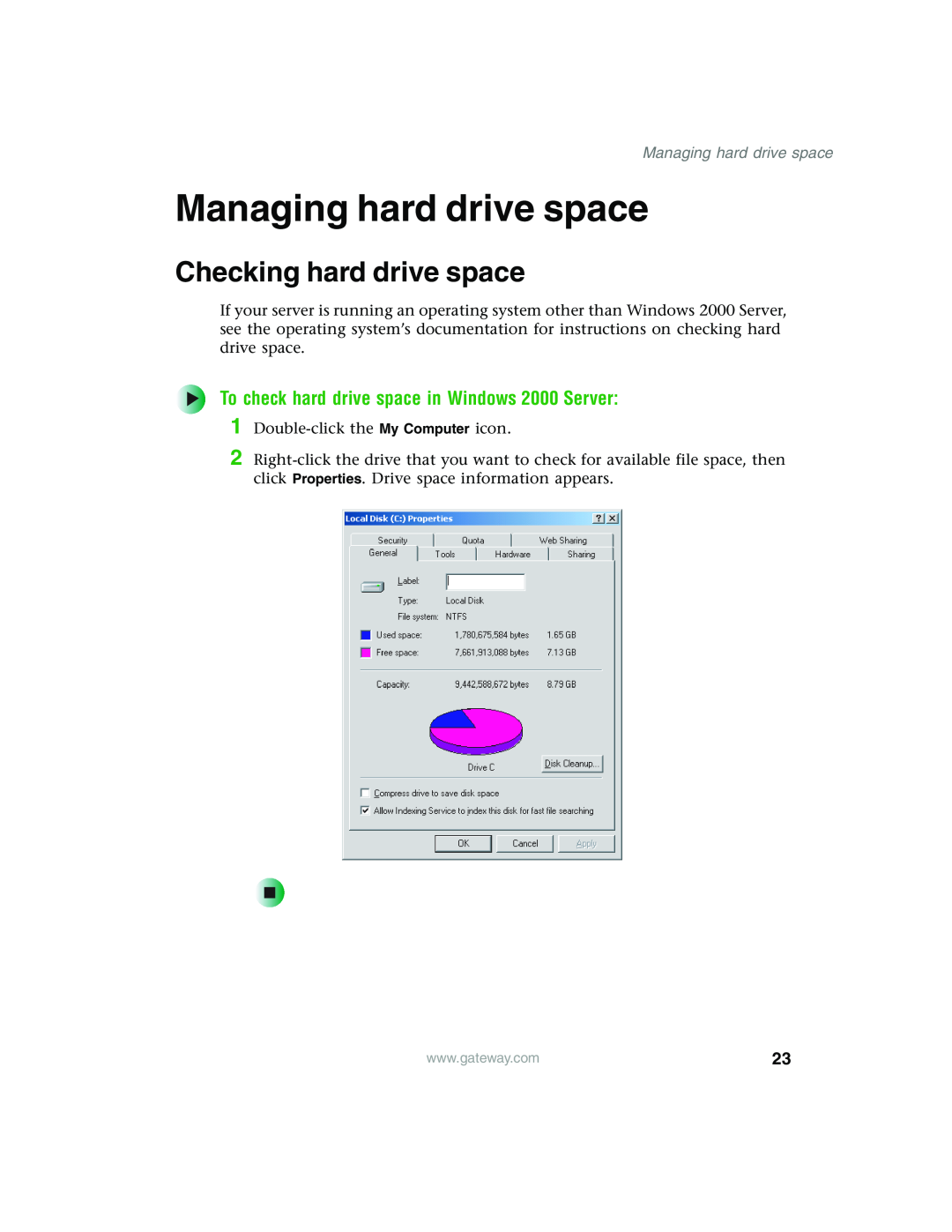 Gateway 960 manual Managing hard drive space, Checking hard drive space, To check hard drive space in Windows 2000 Server 