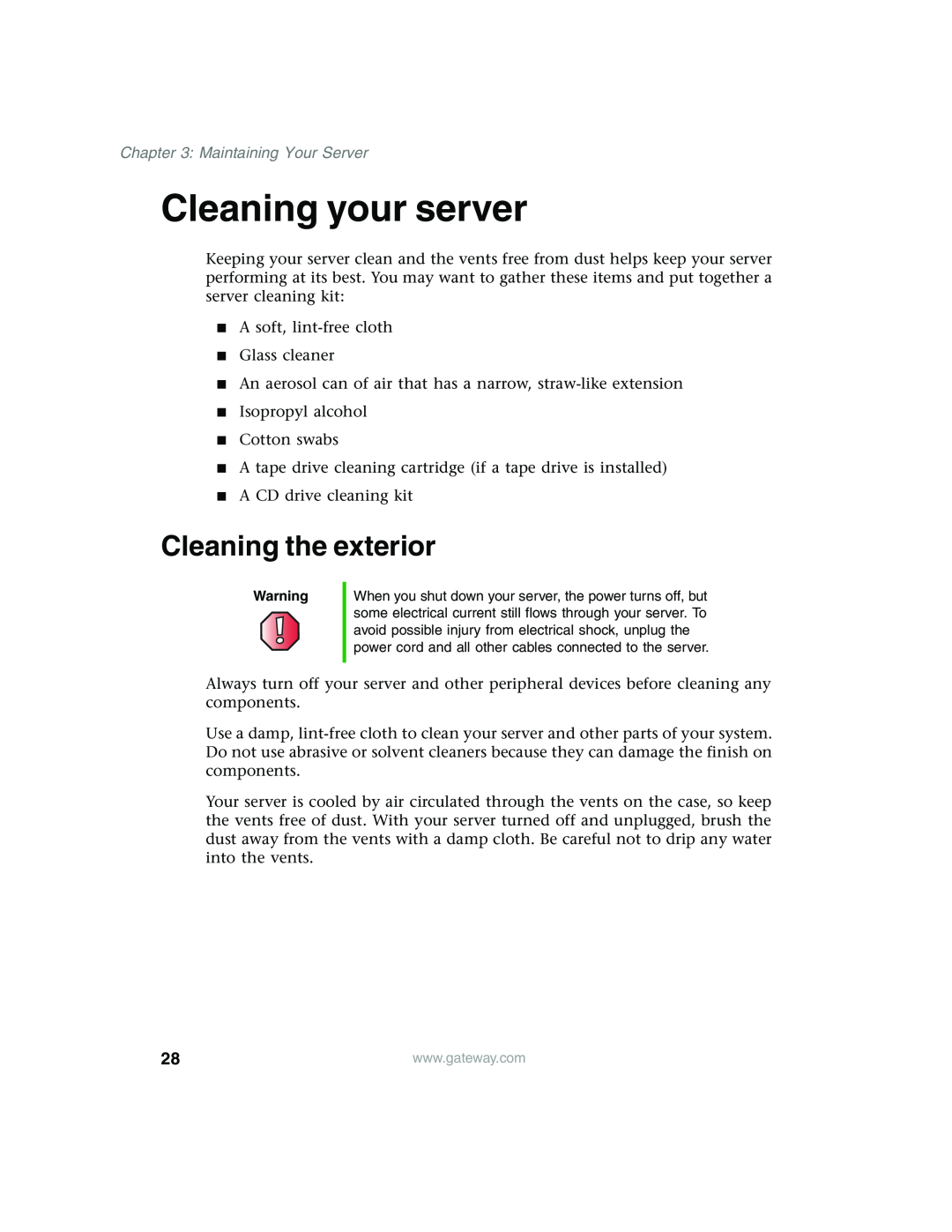 Gateway 960 manual Cleaning your server, Cleaning the exterior, Maintaining Your Server 
