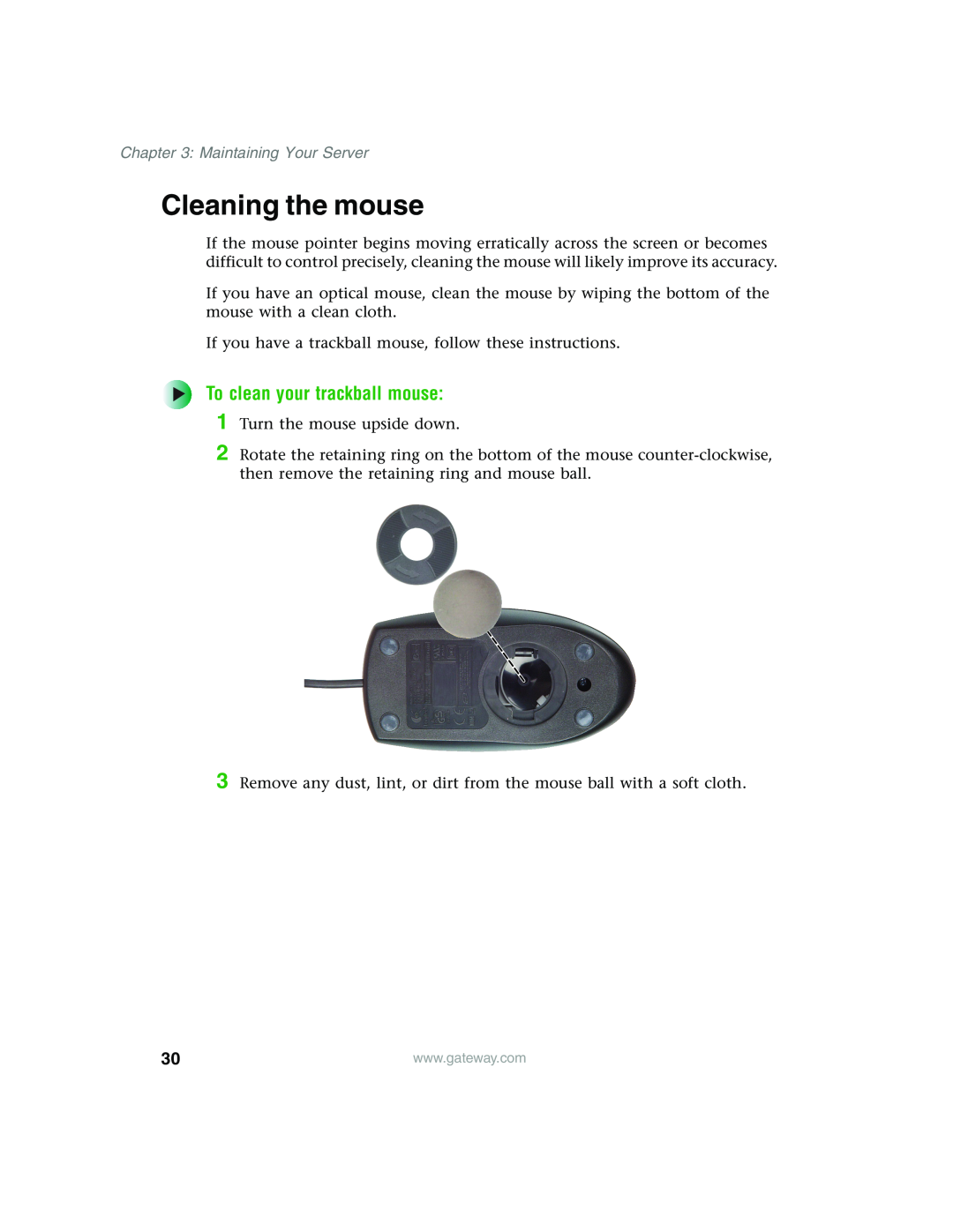 Gateway 960 manual Cleaning the mouse, To clean your trackball mouse, Maintaining Your Server 