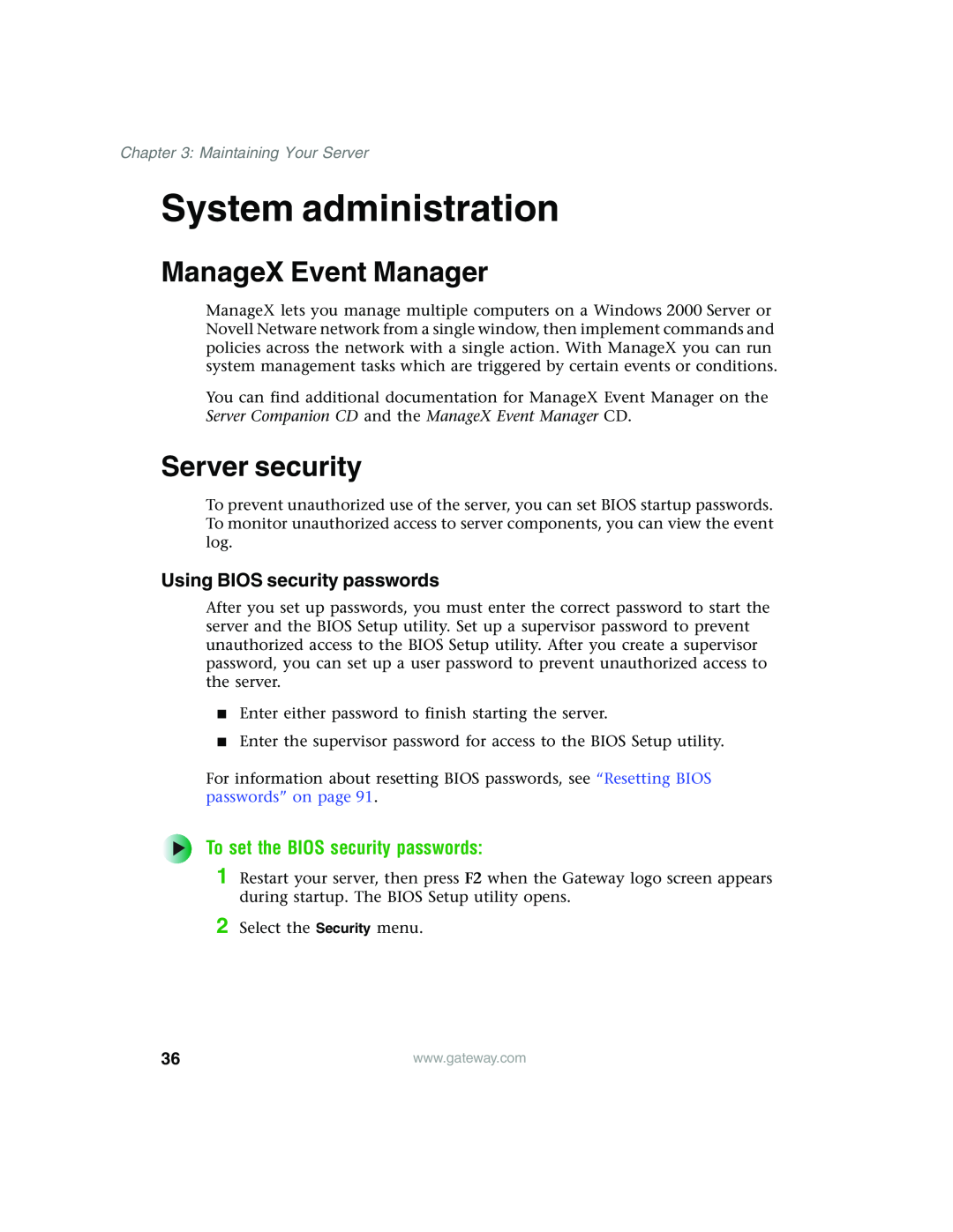 Gateway 960 manual System administration, ManageX Event Manager, Server security, Using BIOS security passwords 
